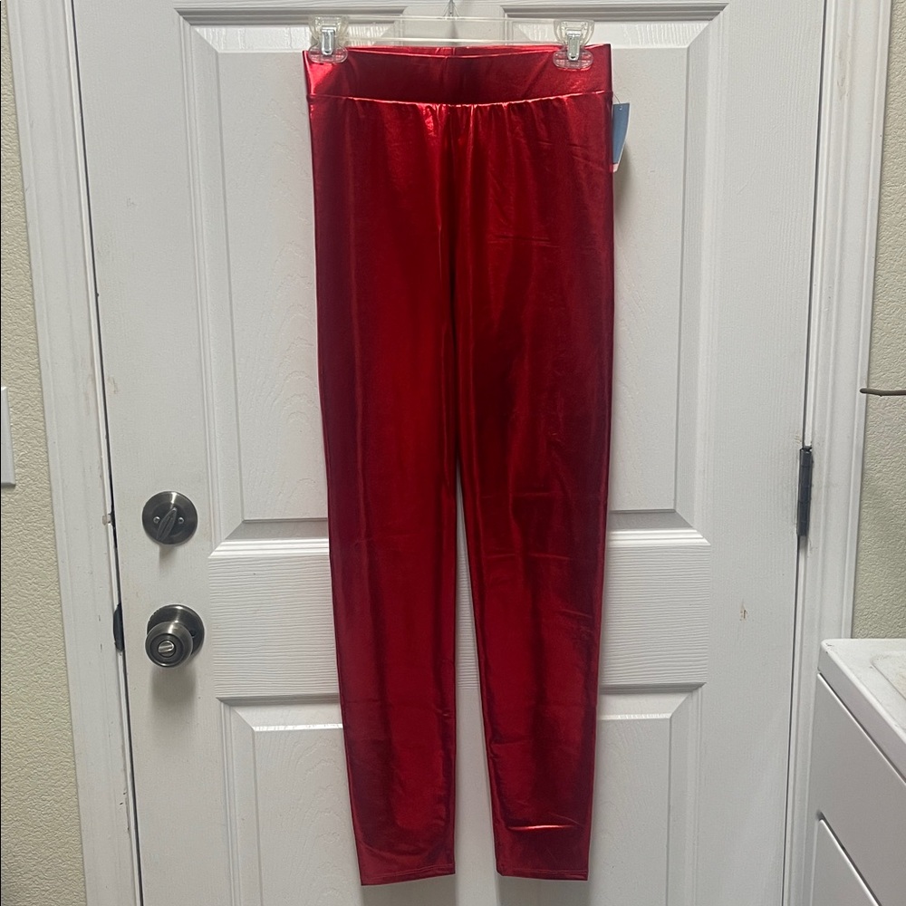 Zoe + Liz Pants Red Metallic Leggings Disco Retro Christmas Holiday Spirit